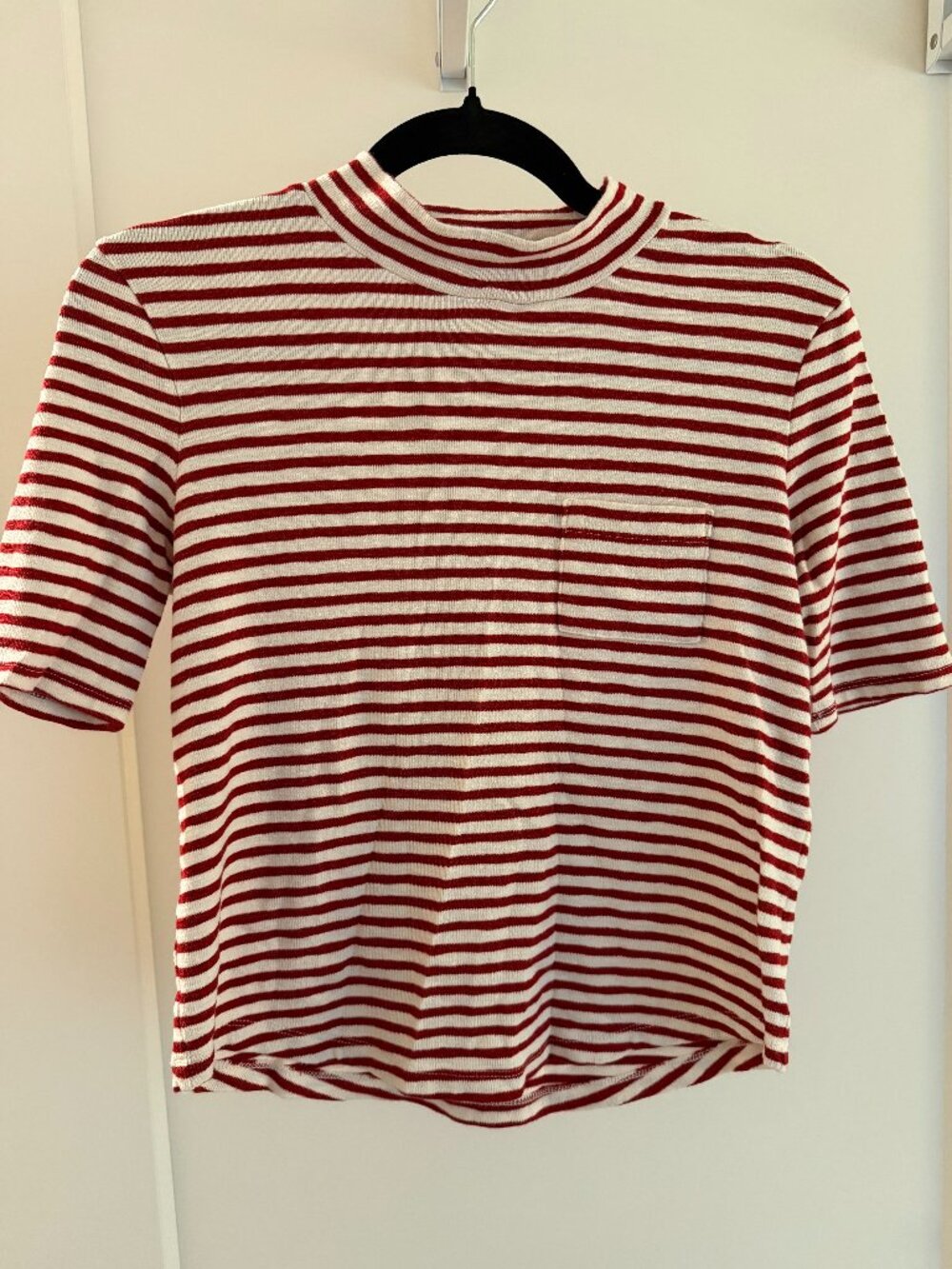 Madewell Red & White Stripe Mock-Neck Pocket Tee — Size S